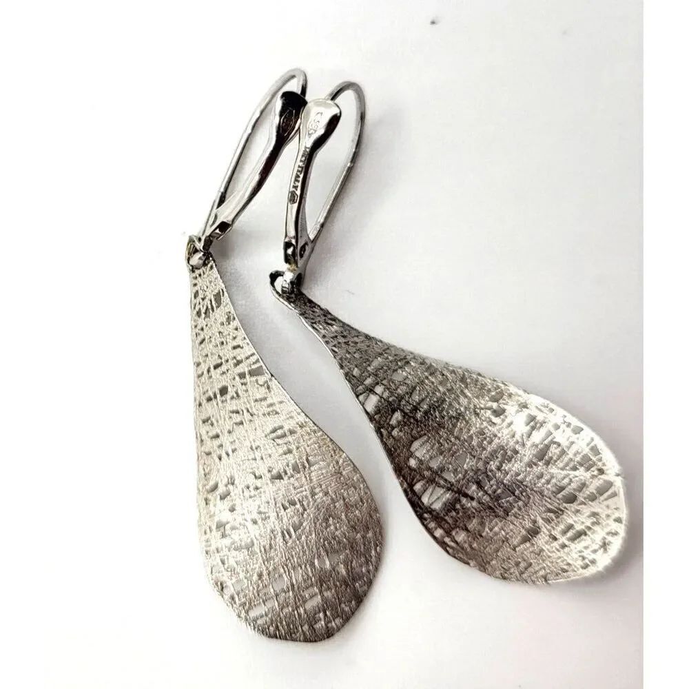 Sterling Silver Layered Leaf Dangle Drop Earrings English Clasp 1.75in